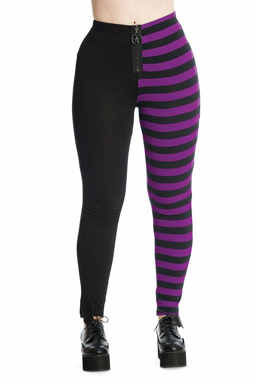Banned Half Black Half Stripe Leggings In Black & Purple 1 Banned Half Black Half Stripe Leggings In Black & Purple