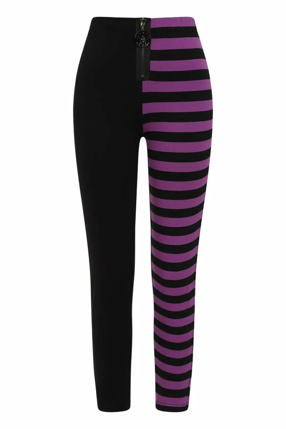 Banned Half Black Half Stripe Leggings In Black & Purple 2 Banned Half Black Half Stripe Leggings In Black & Purple - Image 2