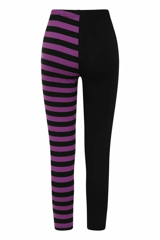 Banned Half Black Half Stripe Leggings In Black & Purple 4 Banned Half Black Half Stripe Leggings In Black & Purple - Image 4
