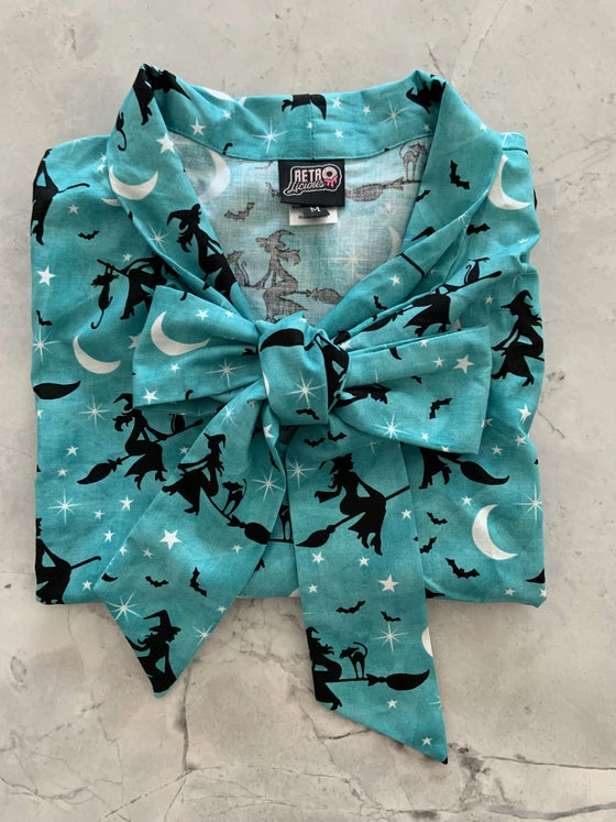 Retrolicious Bow Top In Witchy Teal Halloween Print 2 Retrolicious Bow Top In Witchy Teal Halloween Print - Image 2
