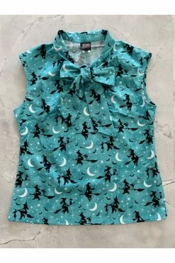 Retrolicious Bow Top In Witchy Teal Halloween Print
