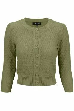 MAK Sweaters Chunky Vintage Knit Cardigan With 3/4 Sleeves In Olive