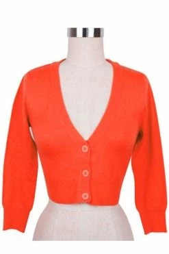 MAK Sweaters Cropped Cardigan With 3/4 Sleeves In Fiesta Orange -Collectif Shop CropLS FST F 639a50d9 ee68 448f af05 0067d73c182a 560x