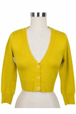 MAK Sweaters Cropped Cardigan With 3/4 Sleeves In Honey Yellow -Collectif Shop CropLS HNY F f74f56c0 bb59 4223 98f0 7036da928963 560x