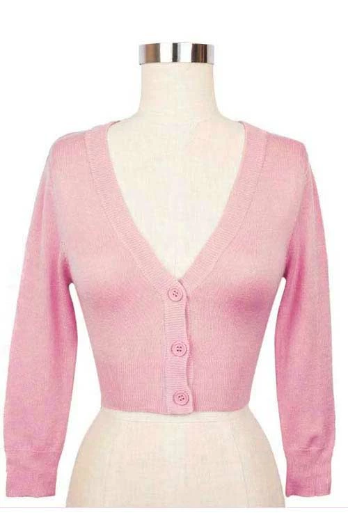 MAK Sweaters Cropped Cardigan With 3/4 Sleeves In Light Pink 6 MAK Sweaters Cropped Cardigan With 3/4 Sleeves In Light Pink - Image 6