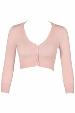 MAK Sweaters Cropped Cardigan With 3/4 Sleeves In Peach Beige -Collectif Shop CropLS PBG F2 560x
