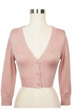 MAK Sweaters Cropped Cardigan With 3/4 Sleeves In Peach Beige -Collectif Shop CropLS PBG F 560x
