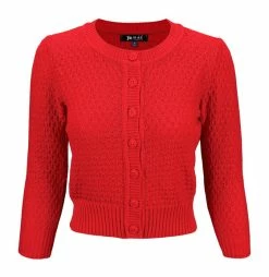 MAK Sweaters Chunky Vintage Knit Cardigan With 3/4 Sleeves In Red -Collectif Shop MK3514 RED 1 556x 2x.progressive f475e9ec fe66 411d 8da6 ca26d117e3ab 560x