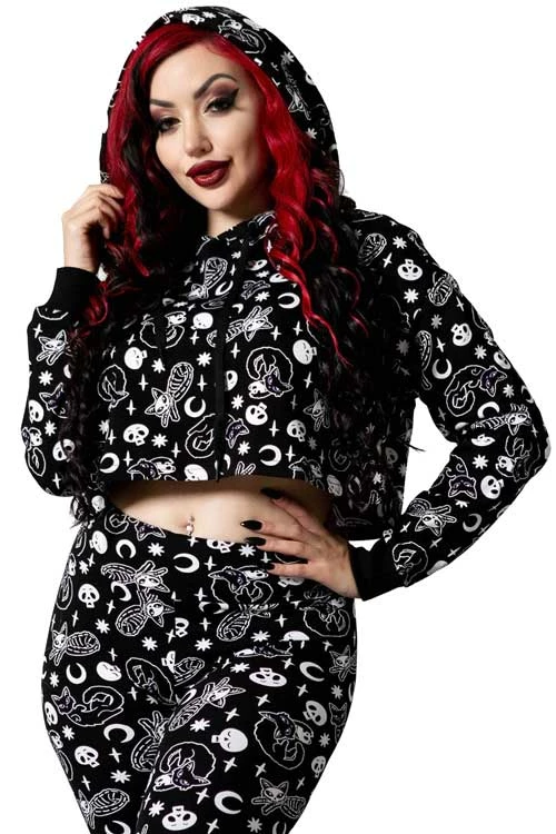 Killstar Purr Off Cropped Hoodie In Black Cat Print! 1 Killstar Purr Off Cropped Hoodie In Black Cat Print!