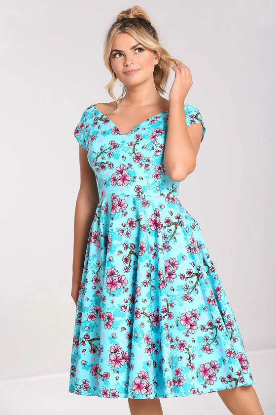 Hell Bunny Louella Dress Aqua Cherry Blossom Floral 2 Hell Bunny Louella Dress Aqua Cherry Blossom Floral - Image 2