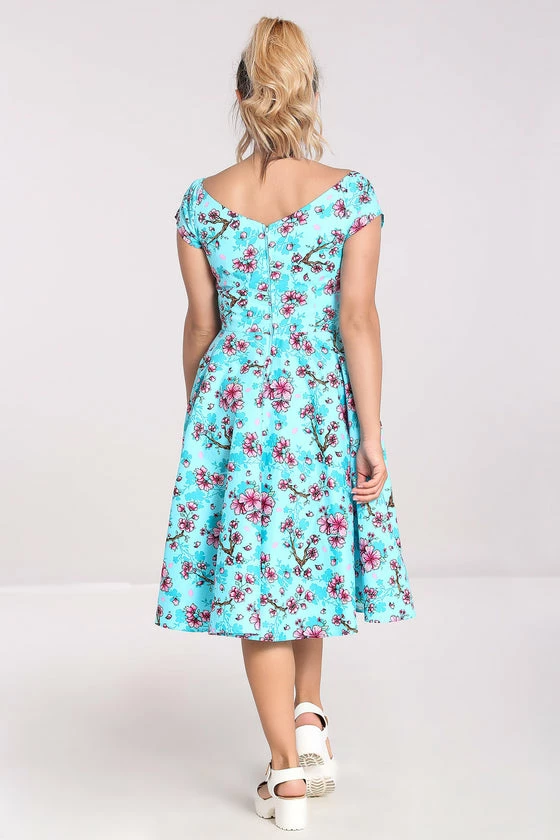 Hell Bunny Louella Dress Aqua Cherry Blossom Floral 3 Hell Bunny Louella Dress Aqua Cherry Blossom Floral - Image 3