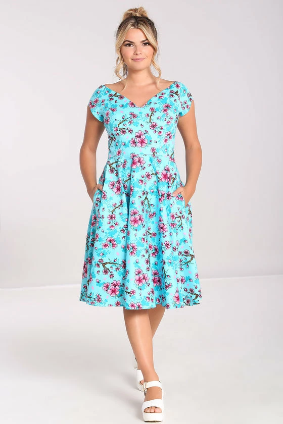 Hell Bunny Louella Dress Aqua Cherry Blossom Floral 4 Hell Bunny Louella Dress Aqua Cherry Blossom Floral - Image 4