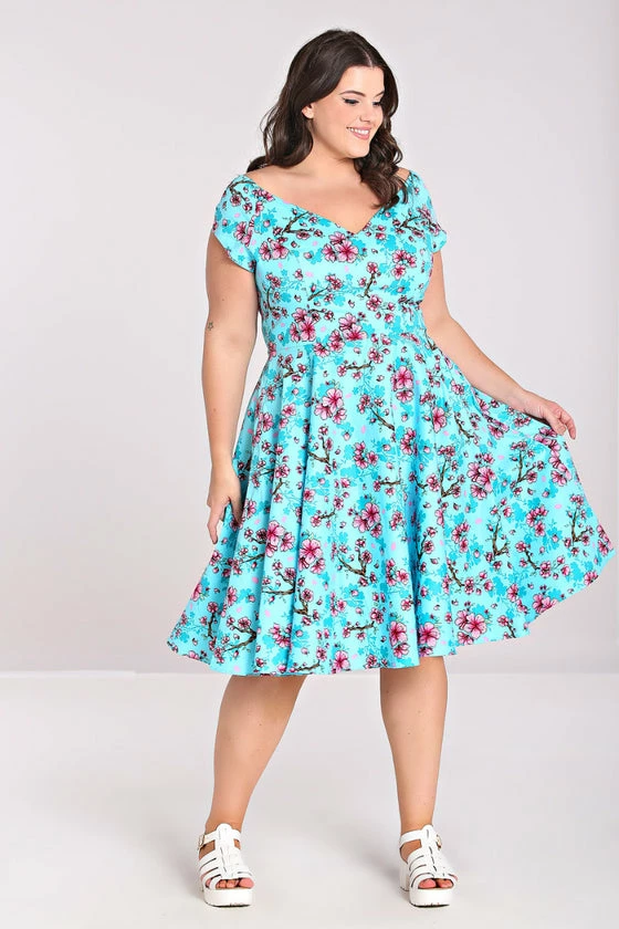 Hell Bunny Louella Dress Aqua Cherry Blossom Floral 5 Hell Bunny Louella Dress Aqua Cherry Blossom Floral - Image 5