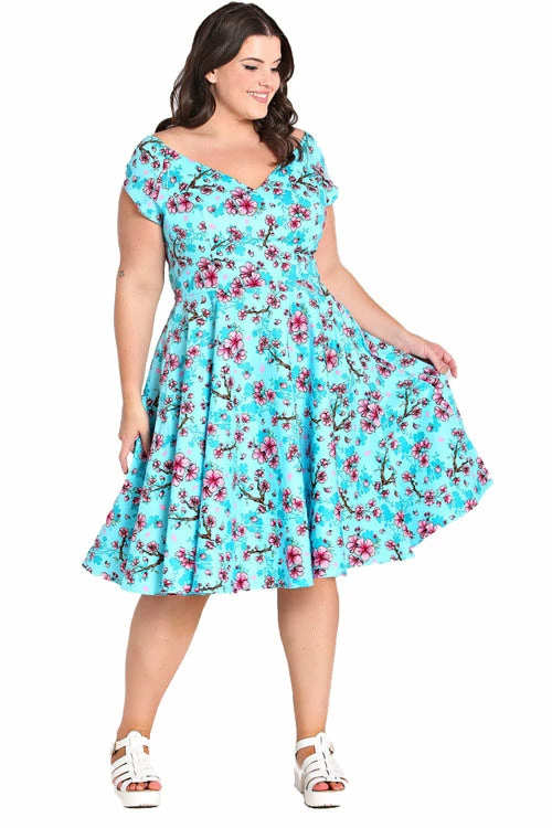 Hell Bunny Louella Dress Aqua Cherry Blossom Floral 1 Hell Bunny Louella Dress Aqua Cherry Blossom Floral
