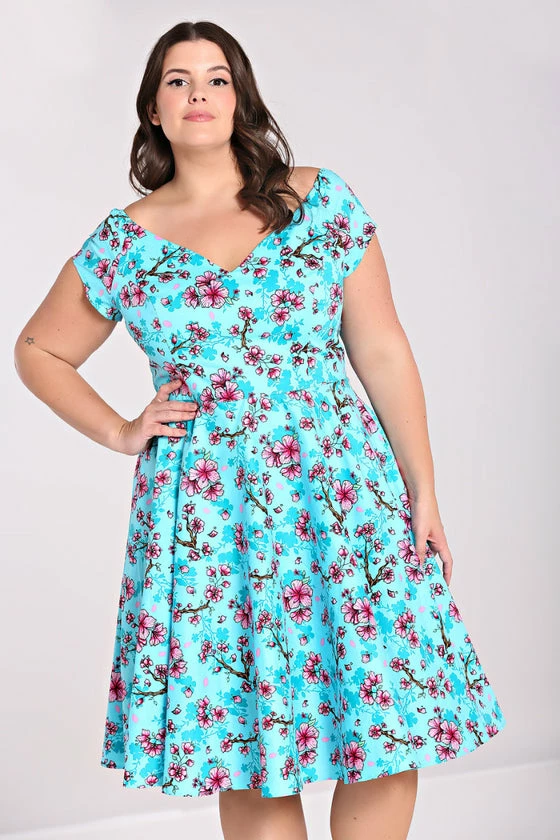 Hell Bunny Louella Dress Aqua Cherry Blossom Floral 7 Hell Bunny Louella Dress Aqua Cherry Blossom Floral - Image 7