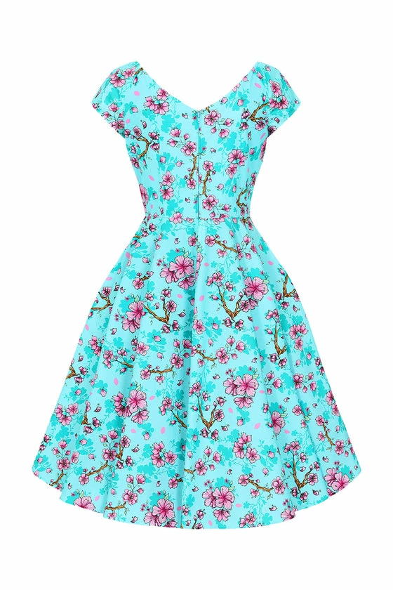 Hell Bunny Louella Dress Aqua Cherry Blossom Floral 9 Hell Bunny Louella Dress Aqua Cherry Blossom Floral - Image 9