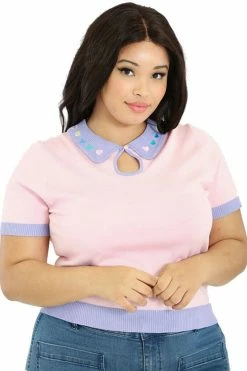 Hell Bunny Lollie Top Knitted Pink And Lavender With Embroidered Hearts